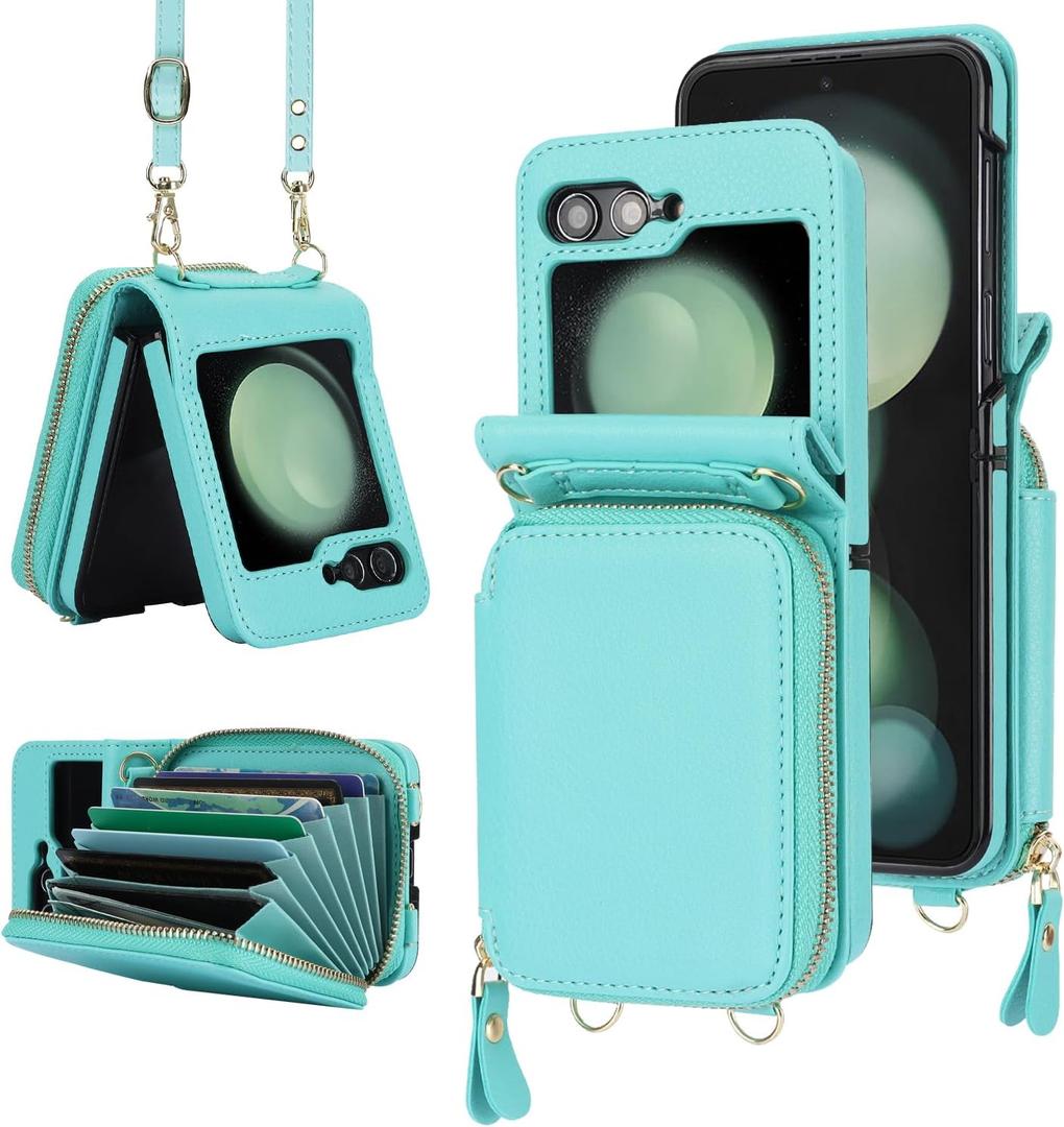 Asuwish Phone Case for Samsung Galaxy Z Flip 6 5G 2024 Wallet Cover with Credit Card Holder Zipper Slot Crossbody Strap Lanyard RFID Blocking Slim Cell Purse ZFlip6 Z6 G Flip6 6Z Women Men Girls Teal