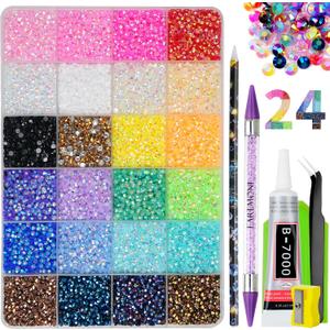 3 x 30000Pcs Nail Art Rhinestones, EARLMONI 24 Colors 3mm Flatback Rainbow Gems Resin Jelly Rhinestones Bedazzling Kit + 15ML Jewelry Glue Nail Rhinestone Picker Tool for DIY Crafts Clothes Shoes Nail Art