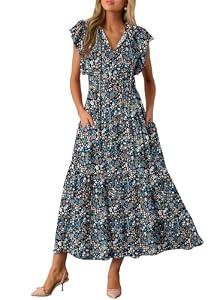 BLENCOT Womens Maxi Summer Casual Dresses Cap Short Sleeve V Neck Beach Flowy Fashion Boho Floral Printed Tie Dresses with Pockets P220 M
