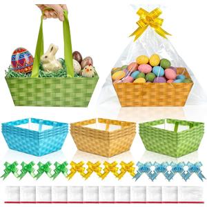APUDWN 12 Pack Gift Baskets with Handles, Pastel Paper Baskets with Cellophane Bags and Pull Bows, Colorful Gift Containers for Candy Snacks Party Favors Classroom Supplies 9.8 x 7.9 x 3.5 Inch