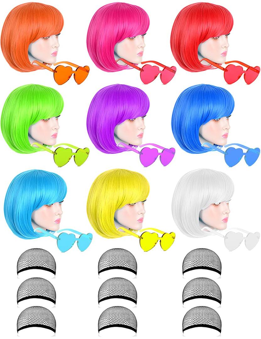 9 Pack Colored Wigs, Funky Colorful Wigs, Short Bob Hair Wigs, Neon Party Wig, Cosplay Wig with Rimless Heart Shape Sunglasses - One Size for All Women Kids & Adults Halloween Costume Night Club