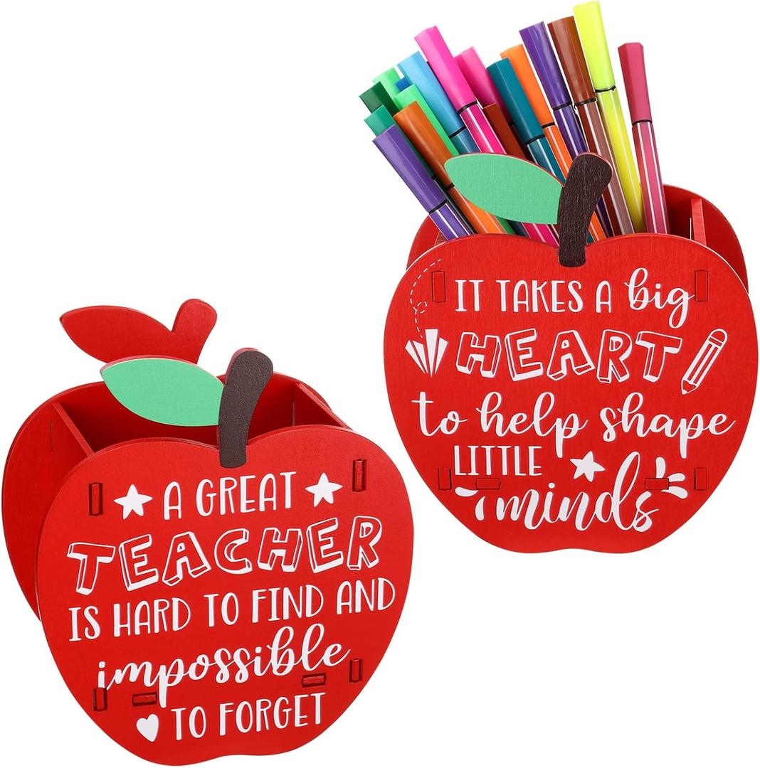 Fuutreo 2 Pack Teacher Appreciation Gifts Teacher Pencil Holder Gift for Table Centerpieces Decorations Thank You Apple Wooden Pencil Holder End of Year Gifts for Classroom School(Vivid)