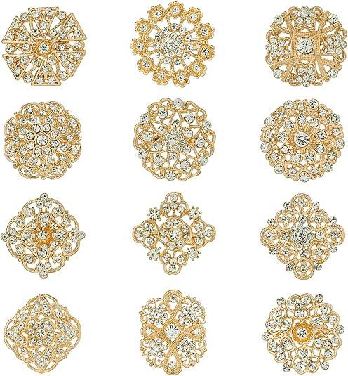 Lot 12pcs Assorted Crystal Rhinestone Flower Brooch Pin Set for Women DIY Bridal Wedding Bouquet Kit