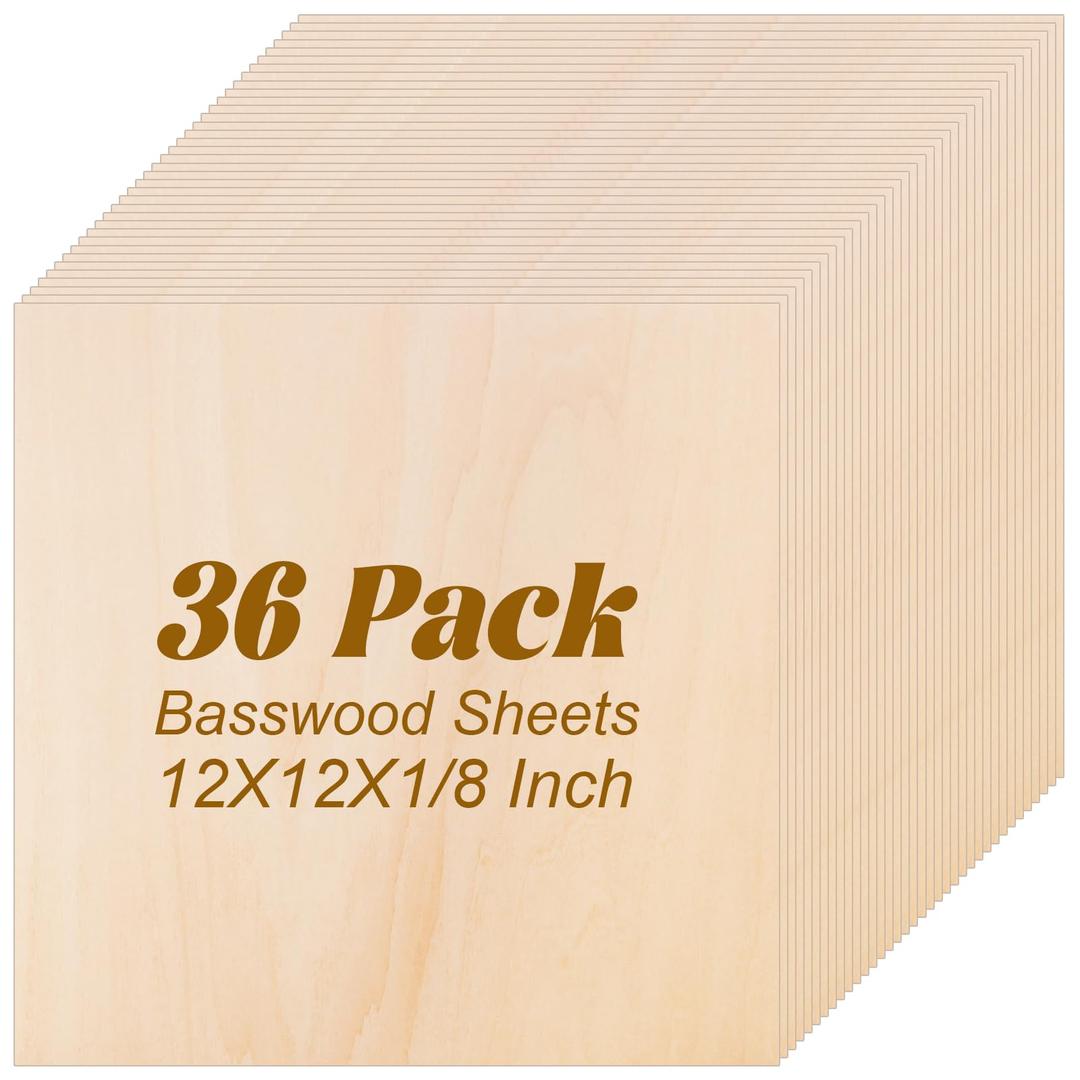 MIVIDE 36 Pack Basswood Sheets 1/8 inch, 12"x12"x1/8" Craft Plywood Sheets, 3mm Basswood for Laser Cutting, Plywood Board Unfinished Wood for Crafts DIY Ornaments and Models Engraving Drawing