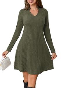 MarryUP Womens Long Sleeve Sweater Dress V Neck Casual Short Tunic Fall and Winter Dress Green XL