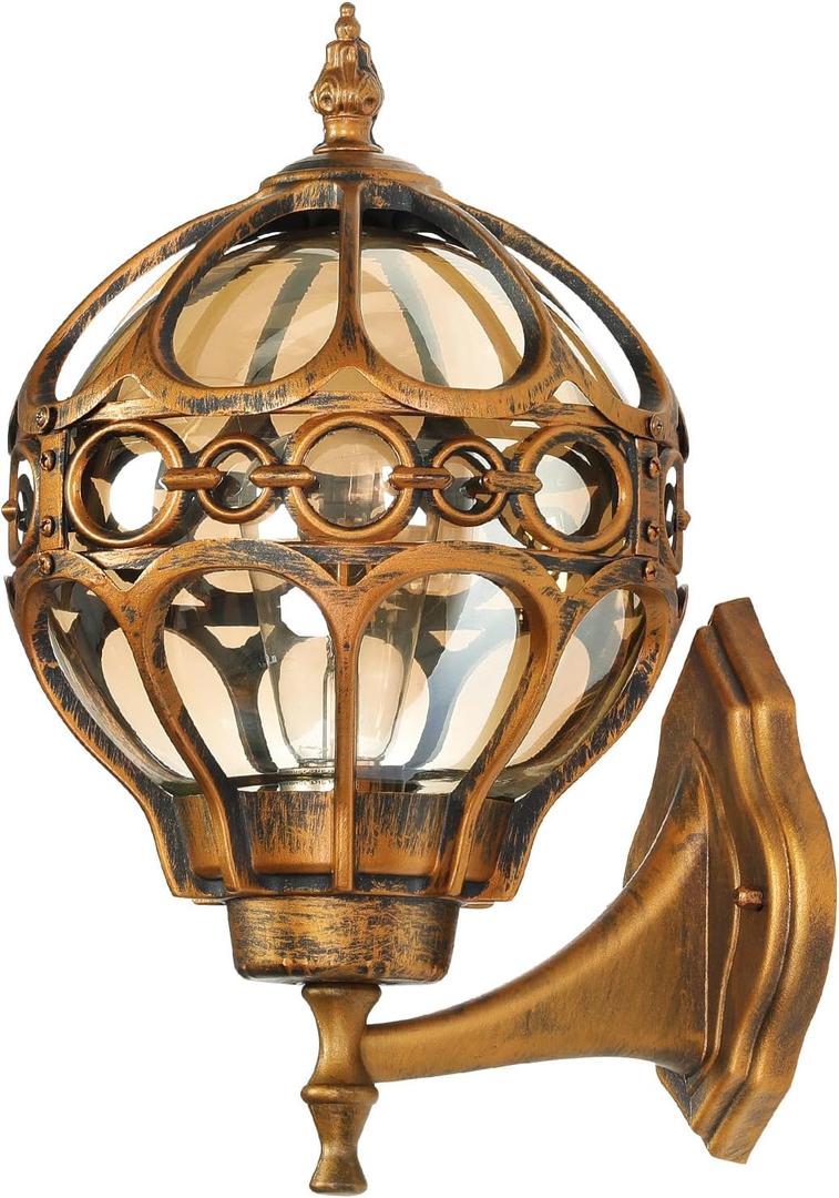 Gold Outdoor Wall Light Fixtures, Globe Exterior Aluminum Waterproof Porch Lights, Sphere Anti-Rust Outside Lantern Wall Mount with Amber Glass for Patio Backyard Garage Doorway Front Door (15"(H), 1 Pack, Brass, no sensor)