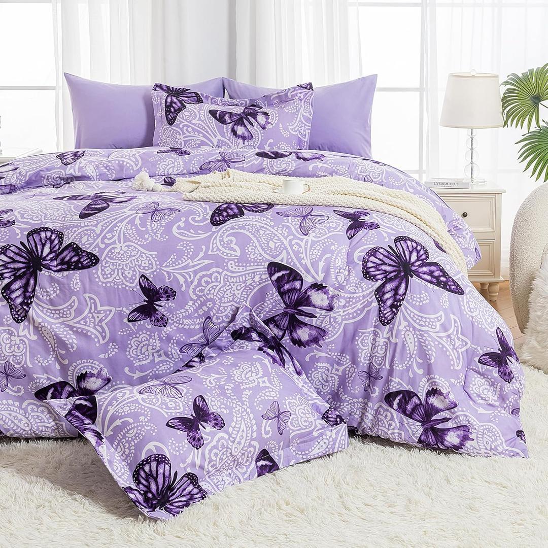 ARTALL Lightweight Microfiber Full/Queen Size 3 Pieces Comforter Set with 2 Shams, Purple Paisley Floral Butterfly Pattern All Season Bedding Set