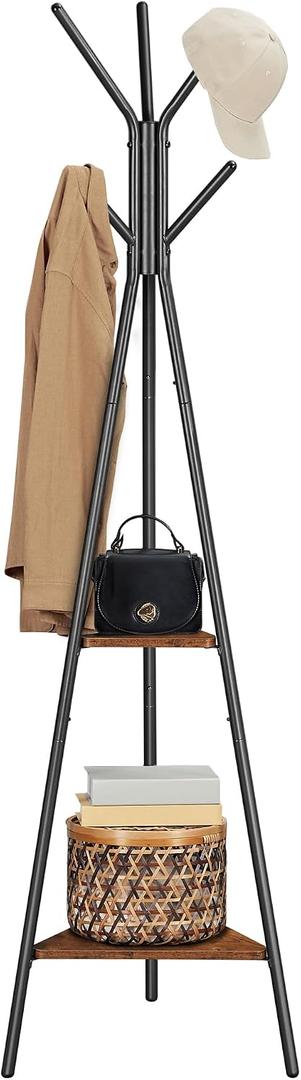VASAGLE Coat Rack Freestanding, Coat Hanger Stand, Hall Tree with 2 Shelves, for Clothes, Hat, Bag, Industrial Style, Rustic Brown and Black 