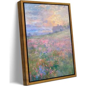Floating Framed Pink Country Wildflower Artwork Canvas Wall Art 16x24 in