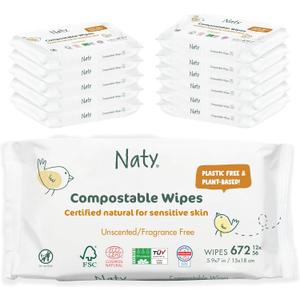 Eco by Naty Unscented Baby Plant based Compostable Wipes, 0% plastic, No nasty chemicals, White, 672 Count (56 Count (Pack of 12))