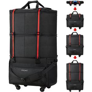 mixi Travel Bag with Wheels Expandable Foldable Luggage Bag Collapsible Rolling Travel Bag Duffel Bag Large Capacity Suitcase for Men Women, Black