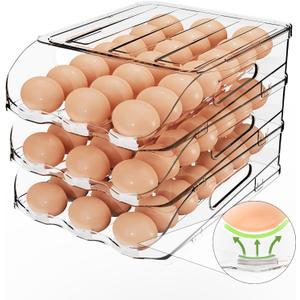 SMRCAD Egg Holder for Fridge, Automatic Steady Rolling Egg Dispenser with Silicone Bumpers & Handle for Refrigerator, Large Capacity Egg Organizer with Lid