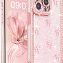 FABSPARK Case for iPhone 14,3D Pink Ribbon Bow,Crystal Clear Glitter Diamond Rhinestone Sequin Shiny Sparkly Bling,Aesthetic Transparent Soft for iPhone 14 Case - Pink/Pink Bow
