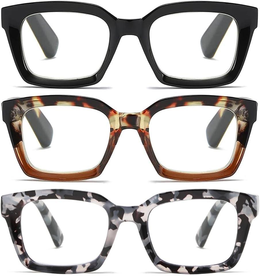 3 Pack Oversize Square Design Reading Glasses for Women, Blue Light Blocking Computer Reader+3.00 (Black & Brown Tortoise & Gray Tortoise)
