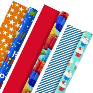 Hallmark Birthday Wrapping Paper Rolls - Balloons, Stars, Cupcakes, Blue Stripes, Solid Red Gift Wrap Paper (Set of 3 Reversible Rolls: 75 sq. ft. ttl.)