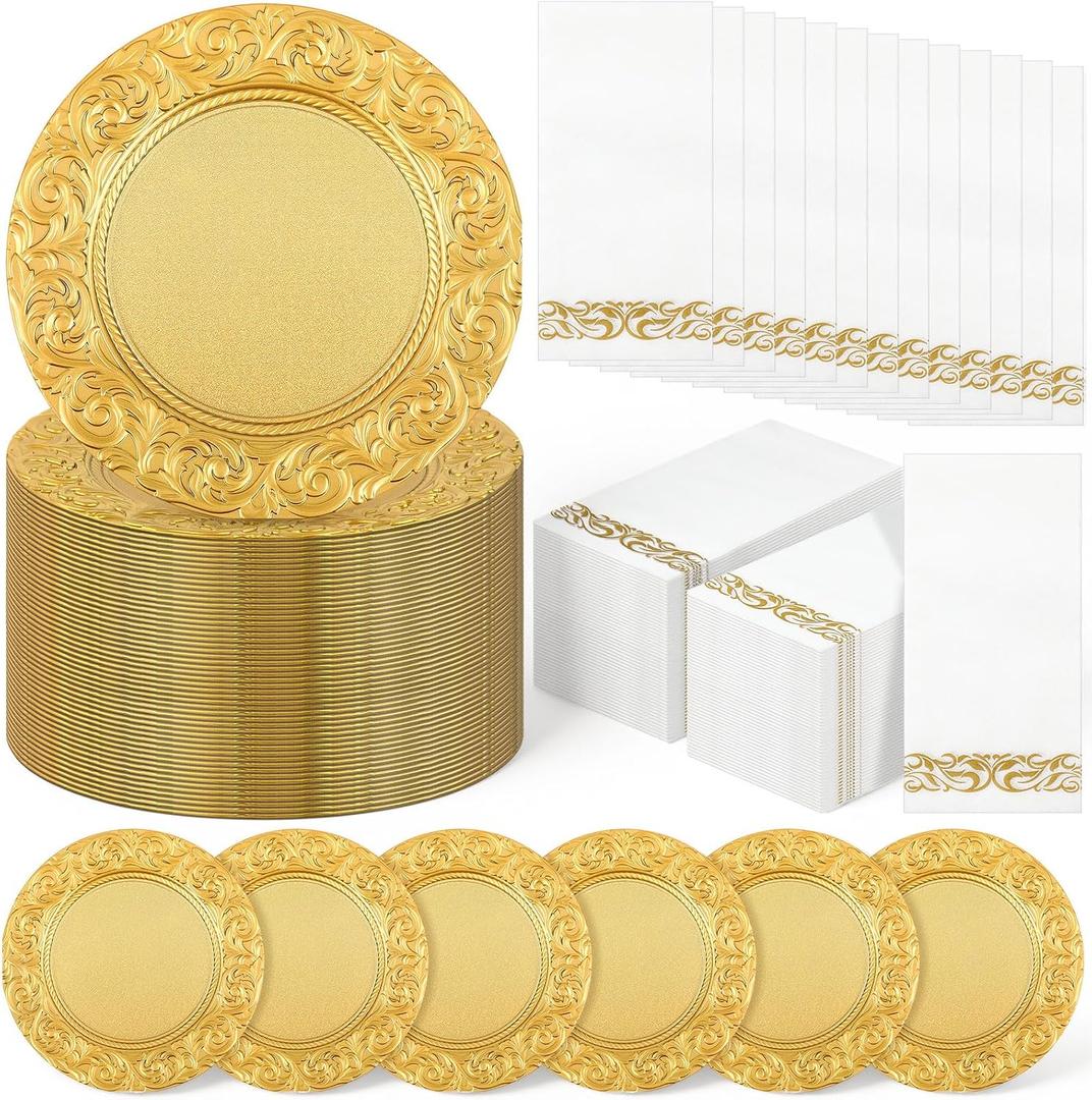 FoldTier 100 Set Antique Charger Plates with Napkins Set 13 Inch Plastic Round Chargers Bulk Embossed Rim Dinner Plates Elegant Guest Towels for Wedding Party Event Table Decoration Setting (Gold)