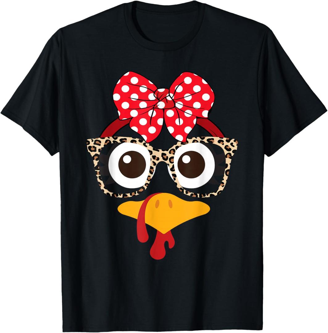Thanksgiving Turkey Face Leopard Glasses Bandana Eyelashes T-Shirt Small