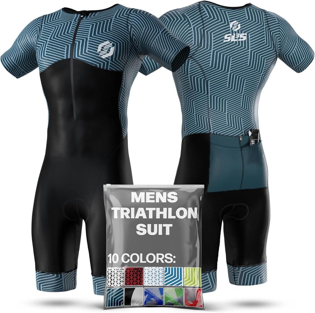 SLS3 Triathlon Suits Mens - Aerodynamic Sleeved Tri Suit Men  Lightweight Trisuit with Premium FX Fabrics - 2 Pockets (Sky Hex, Medium)