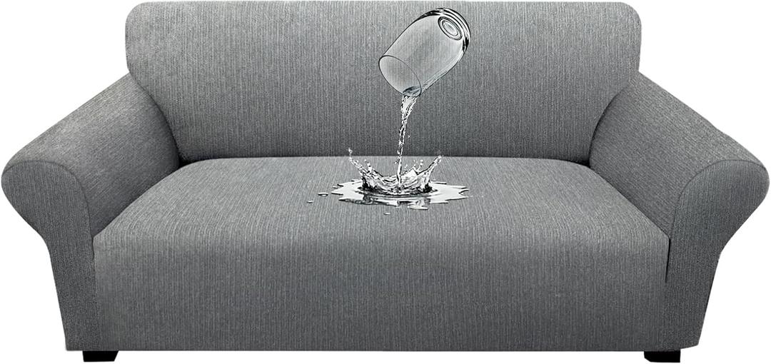 Waterproof Stretch Loveseat Cover - Non-Slip Sofa Slipcover with Elastic Bottom, Washable Leakproof Furniture Protector for Kids, Pets (Loveseat, Light Gray)