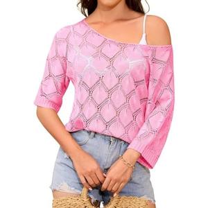 Jiflora Women's Crochet Top Off Shoulder Sweater Pullover Sweaters Casual Loose Shirts Cruise Wear for Women Pink S