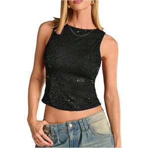 WDIRARA Women's Sequin Sparkly Tank Top Sleeveless Fitted Going Out Crop Tops,Large, Black