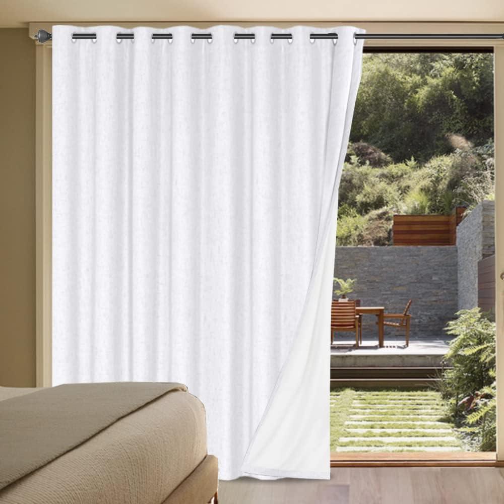 H.VERSAILTEX Linen Blackout Curtains Durable Thick Textured Linen Look 100% Blackout Patio Door Curtain Anti Rust Grommet Extra Wide Sliding Door Curtain Panel, W100 x L84 inch - Pure White
