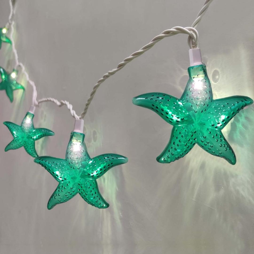 Ocean Themed Starfish String Lights 8.3Ft Marine Fairy String Lights 10 LED Green Starfish Lights, Waterproof Connectable Hanging Tropical Lights for Ocean Room Patio Garden Decor, Warm White