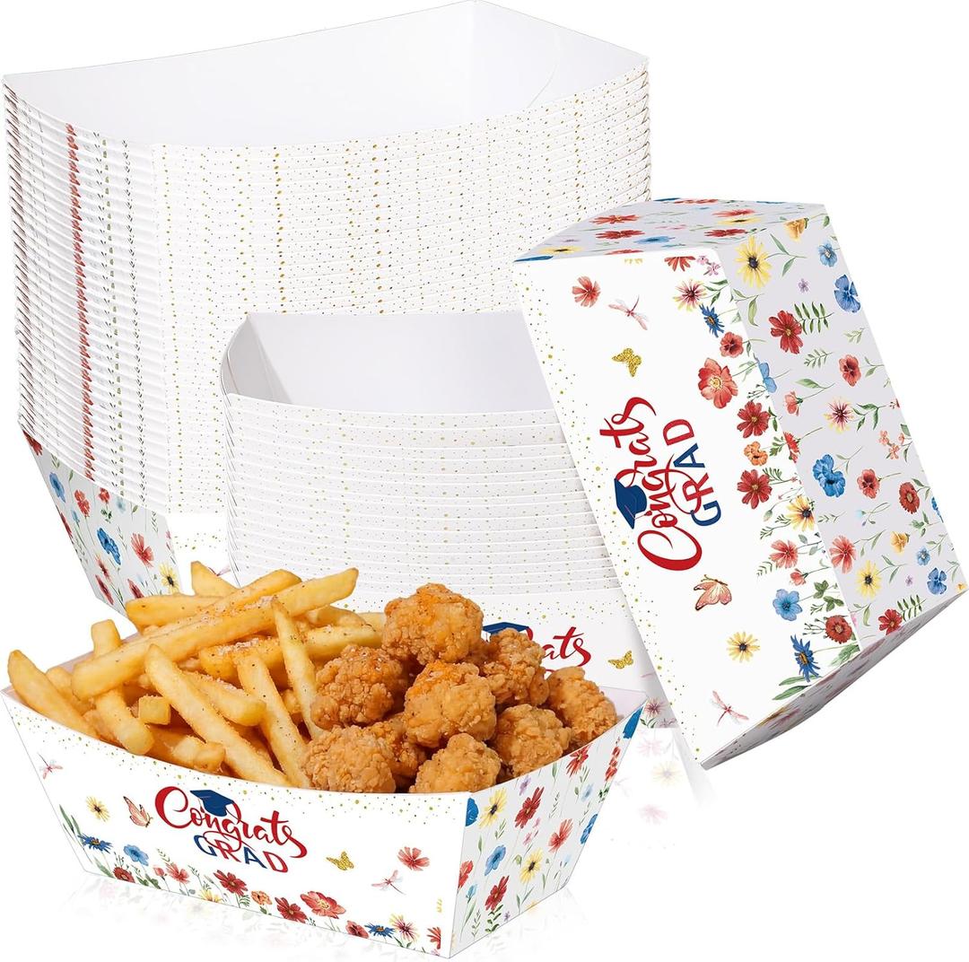 Ceenna 50 Pcs Red White Blue Wildflower Graduation Party Decor 2026 Floral Paper Food Serving Tray Freshly Flower Congrat Grad Food Boat Class of 2026 Disposable Plate Supplies for Snack Nacho Popcorn