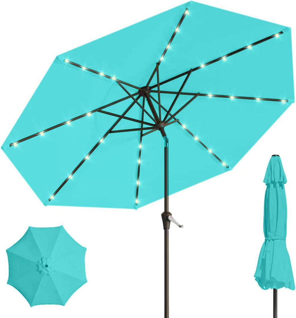 9' Solar LED Patio Umbrella with Tilt & Crank|8 Sturdy Ribs,UV Protection,Outdoor Market Table Umbrella for Deck,Lawn,Pool,Backyard, 107.98 inches diameter, 92.4 inches height