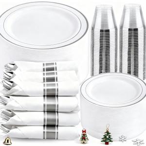 WELLIFE 350Pcs Silver Plastic Plates for 50 Guests - Disposable Dinnerware Set, Christmas Party Supplies Includes 100 Silver plates,150 Silverware,50 Napkins,50 Cups, Christmas Plates Disposable