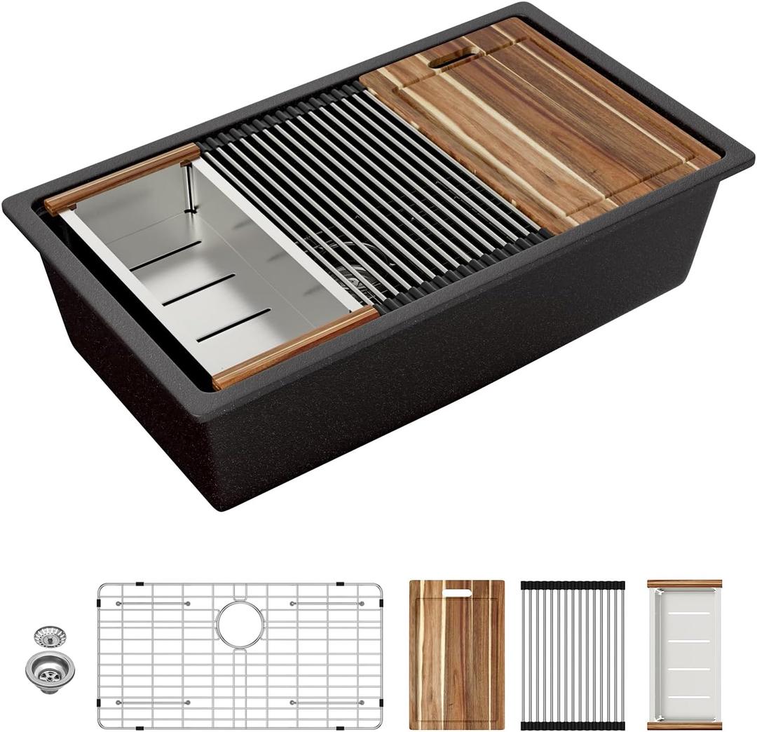 Sarlai 32 Granite Composite Kitchen Sink - 32"x19" Black Undermount Kitchen Sink Ledge Workstation Matte Black Granite Quartz Composite Under-Mount Single Bowl Sinks Basin Sarlai 32 Granite Composite Kitchen Sink - 32"x19" Black Undermount Kitchen Sink Ledge Workstation Matte Black Granite Quartz Composite Under-Mount Single Bowl Sinks Basin