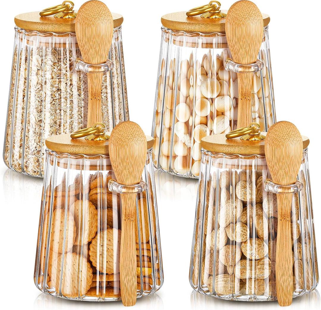 Pinkunn Set of 4 Glass Stripe Sugar Container with Bamboo Spoons 20 Fl oz Coffee Bar Accessories with Lids Coffee Sugar Container Set for Kitchen Food Storage Beans Powder(Taper)