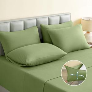 BYSURE Jersey Knit Queen Sheet Set 6 Pieces, Stretch Super Soft and Wrinkle-Free Bed Sheets, Spandex Blend with 18-inch Deep Pocket, Sage Green