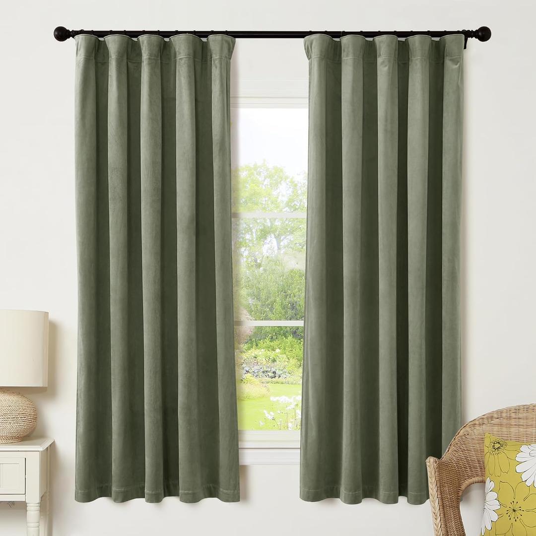 RYB HOME Sage Green Velvet Curtains 72 inches Length with Hook Tape, Thermal Insulated Privacy Protect Decorative Drapes for Window, W 42 x L 72 inches, 2 Panels Set