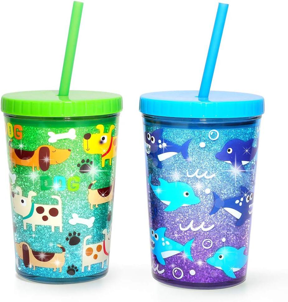 Home Tune 14oz Kids Tumbler Water Drinking Cup 2 Pack - BPA Free, Straw Lid Cup, Reusable, Lightweight, Spill-Proof Water Bottle with Cute Design for Girls & Boys - Shark & Dog