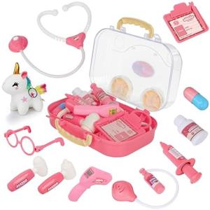 Doctor Kit for Toddlers 3-5, Kids Veterinarian Playset with Plush Unicorn & Ambulance Storage Box, 12Pcs Medical Pretend Play Set, Educational Toddler Girl Toys Gift for Boys Ages 3 4 5 6, Pink