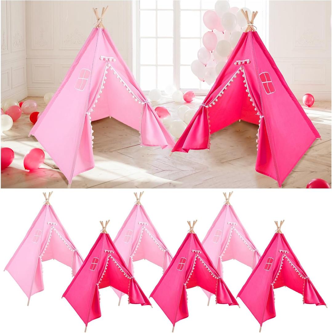 Windyun 6 Pcs Kids Teepee Tent Foldable Washable Indoor Outdoor for Boys Girls Toddler Boho Sleepovers Birthday Pajama Party Spa Supplies(63 Inch,Light Pink, Rose Red)