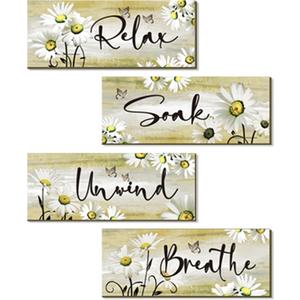 ZINYAZHE 4 Pieces Yellow Bathroom Decor Set Farmhouse Daisy Floral Abstract Yellow Bathroom Accessories Flowers Art Rustic Wood Sign for Home Bedroom Living Room Kitchen Decoration, 10 x 4 Inch