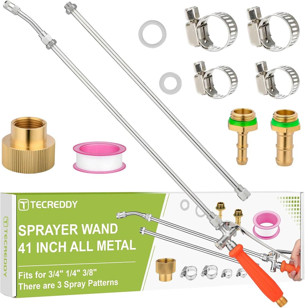 Replacement Pump Sprayer Wand, 41 Inch All Metal Spray Wand with Stainless Steel Extension Tubes, 1/4" 3/8" Brass Barbs & 3/4" Garden Hose Joint Parts for Weed Lawn Plants Careing Watering