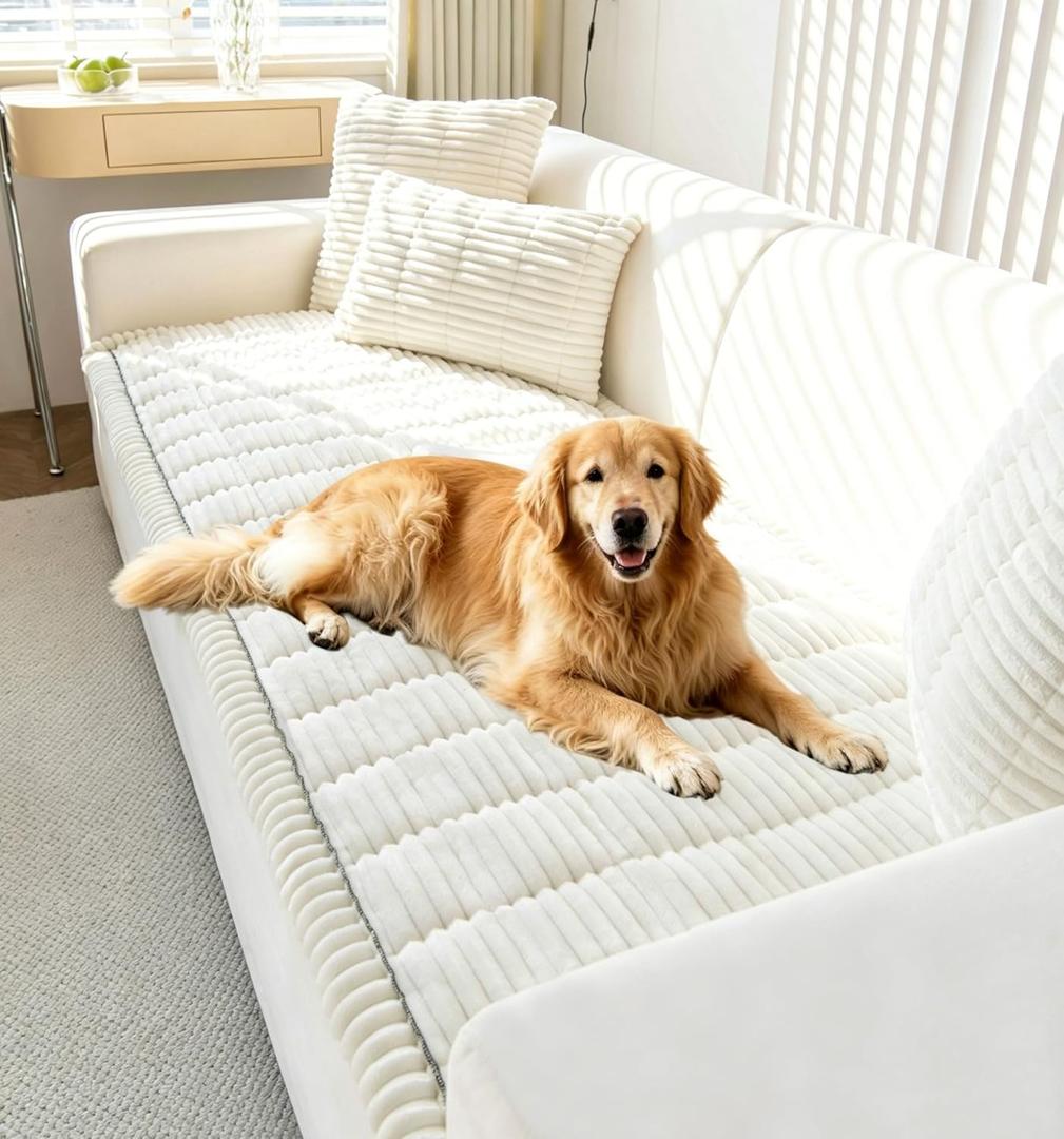 OTOB Couch Covers for 3 Cushion Sofa Pet Friendly, Plush Fuzzy Non Slip Sofa Covers Washable, Soft All Seasons Sofa Slipcovers Furniture Protector Dog Bed Mat (Cream, 27.6" x 82.7")