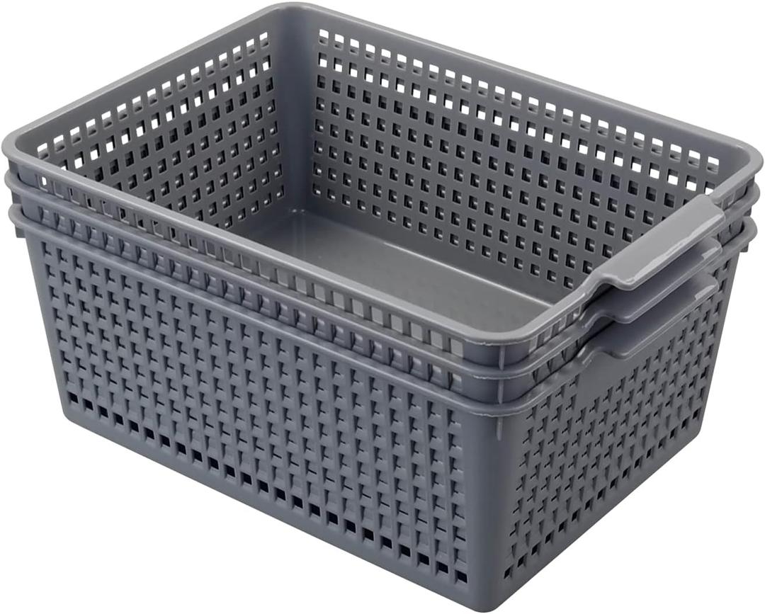 3-Pack Plastic Storage Baskets, Gray Large Storage Bin