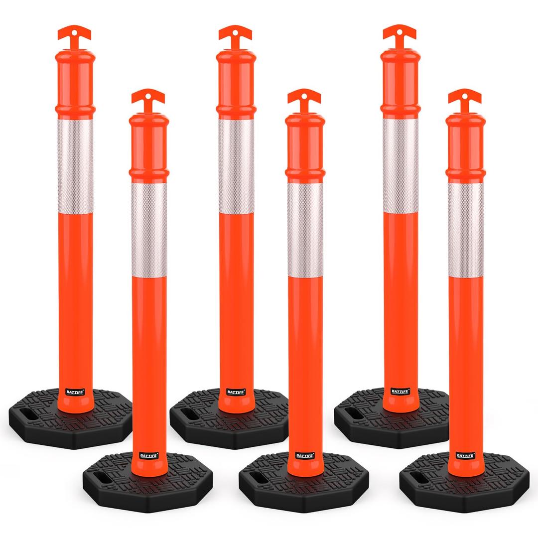 BATTIFE 45" Delineator Post with Base, Traffic Delineator Cones with Reflective Collar for Driving Practice, Construction Work (6, Orange, 45 inch)