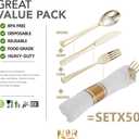 N9R 50 Pack Pre Rolled Gold Plastic Cutlery Set, Wrapped Plastic Silverware Set with 50 Forks, 50 Knives, 50 Spoons and 50 Napkins, Disposable Cutlery Set for Party and Wedding
