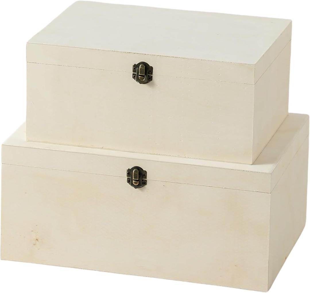 2 Pack Large Unfinished Wooden Box with Locking Clasp - 13.7x9.9x6.1 in-11.6X8.7X5.2in Natural Super Thick Poplar Box DIY Keepsake Wooden Boxes