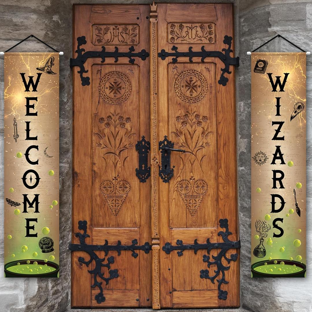 ArtCreativity Welcome Wizards Door Banner - 2 Pieces - 4 Feet Long Wizard Banner - Polyester Magic Party Banners with Dowels and String for Easy Hanging - Wizard Party Door Decorations - Door Sign Set