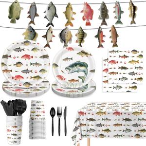 170PCS Fishing Birthday Party Decorations Gone Fishing Party Decorations Include Plates, Cups, Cutlery, Banner, Tablecloth for Ofishally One Birthday Decorations