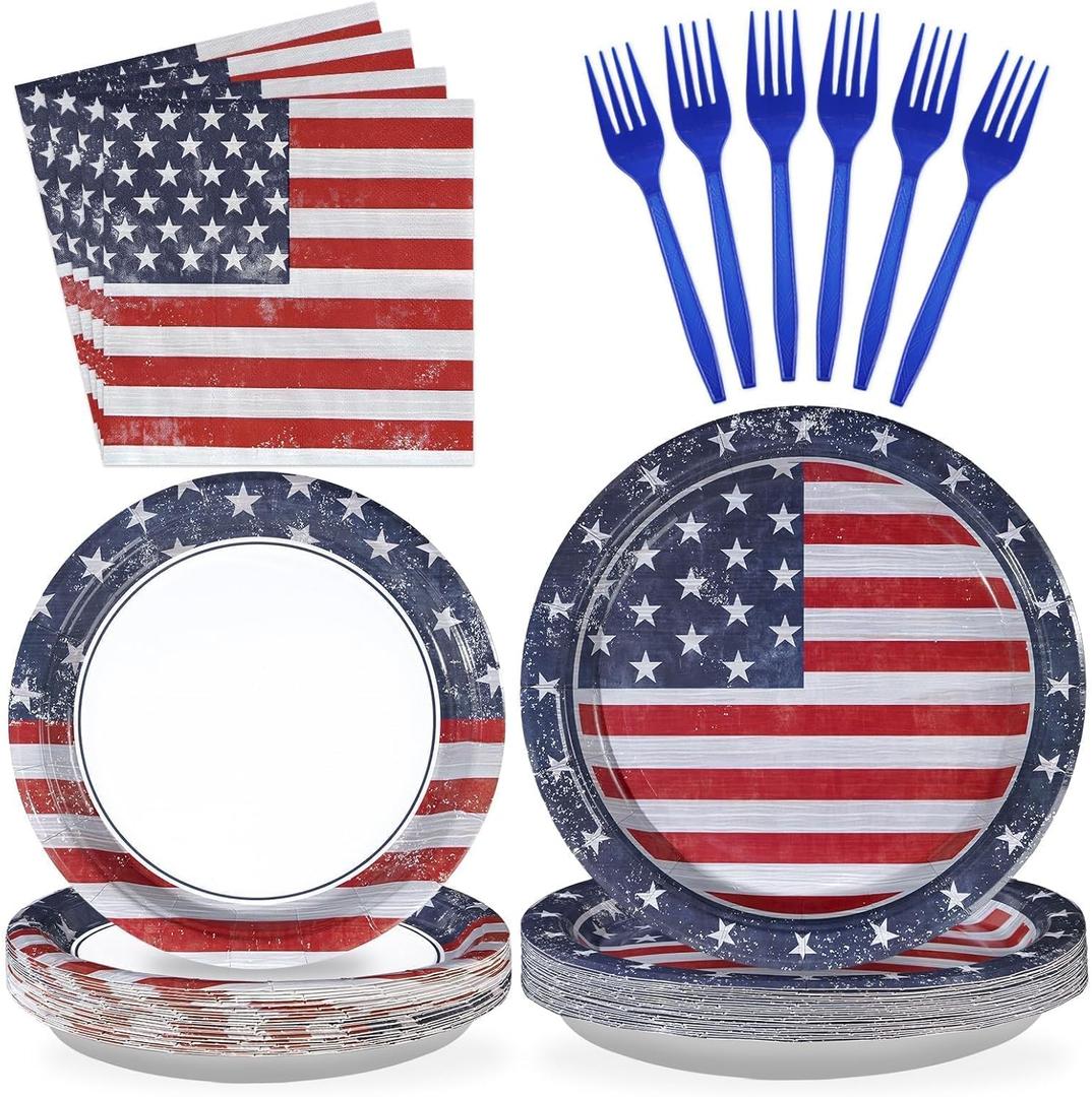Grencian American Flag Patriotic Party Supplies Veterans Day Patriotic Paper Plates and Napkins USA Flag Themed Disposable Tableware for Veterans Day 4th of July Party Decorations Serve 24