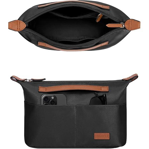 GIVLEFLY Large Zipper Purse Organizer Insert, Handbag Divider with Handle, Multiple Pockets for Small Items, Lightweight, Fits Longchamp Neverfull Tote (Black)