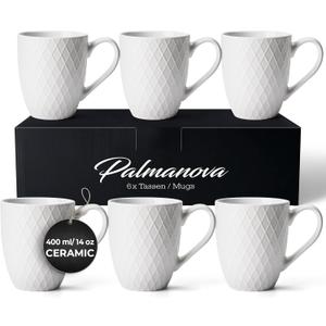 MIAMIO - Coffee Mugs set of 5 Cups - 5 x 14 Oz Ceramic Mugs - Large Coffee Mugs - Microwave & Dishwasher safe - Palmanova Collection (White)