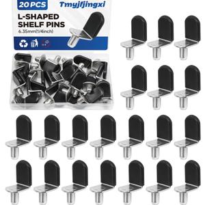 20PCS Shelf Pins 1/4 Inch (6.35mm) Cabinet Support Pegs L-Shaped Metal Shelf Clips for Wood Shelving with Black Rubber Sleeve YY029-7Z